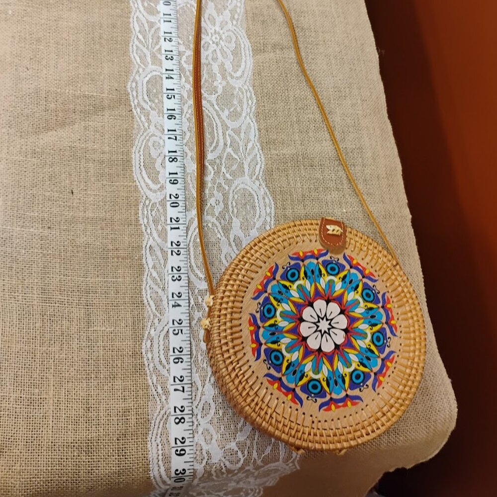 Round Rattan Crossbody Bag Hand Painted Mandala NWOT Boho Festival Summer
